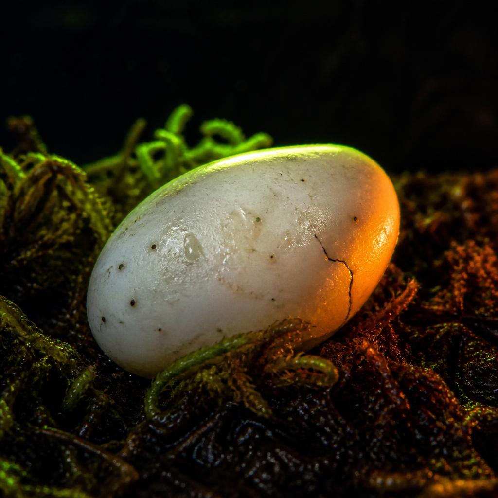 Crested gecko egg with a hairline crack, resting on damp moss